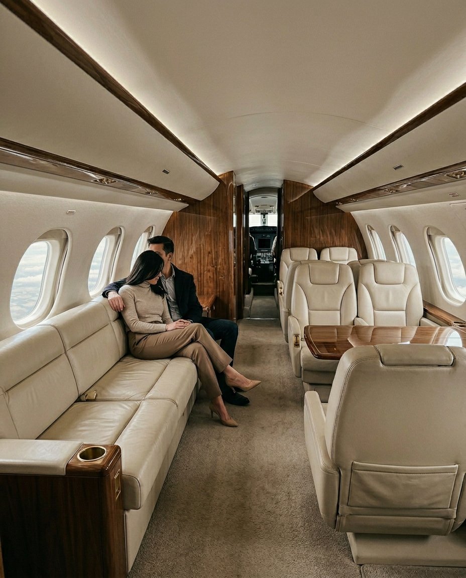 Private jet cabin interior with cream leather seats